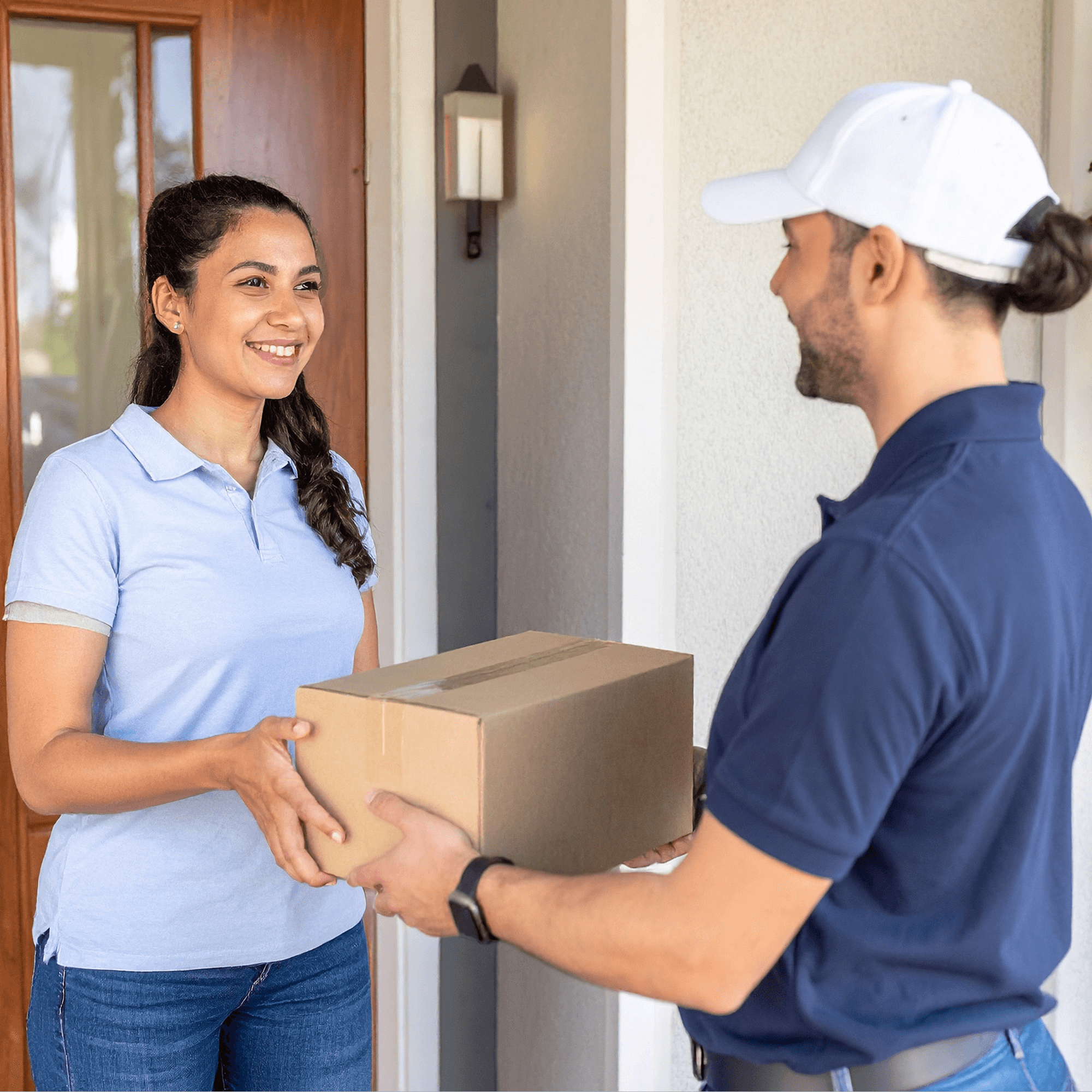 A courier collecting a package at a customer's front door